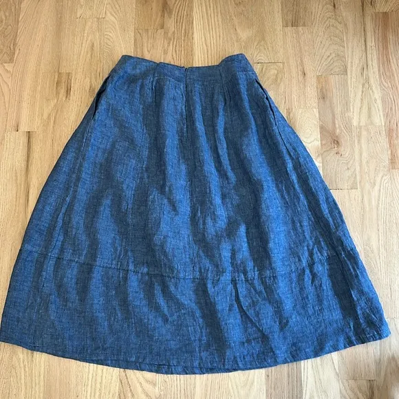 Poetry Chambray Blue 100% Linen Skirt with Pockets Size 10