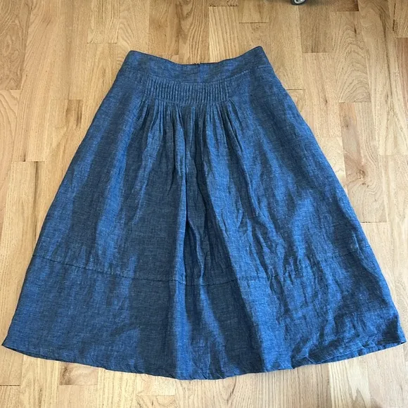 Poetry Chambray Blue 100% Linen Skirt with Pockets Size 10