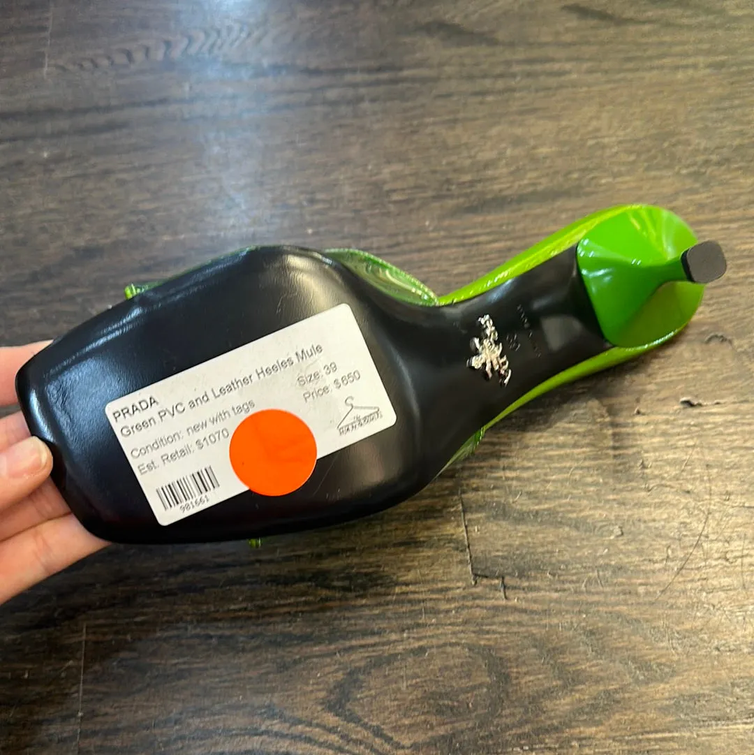 Prada Green PVC and Leather Heeles Mule