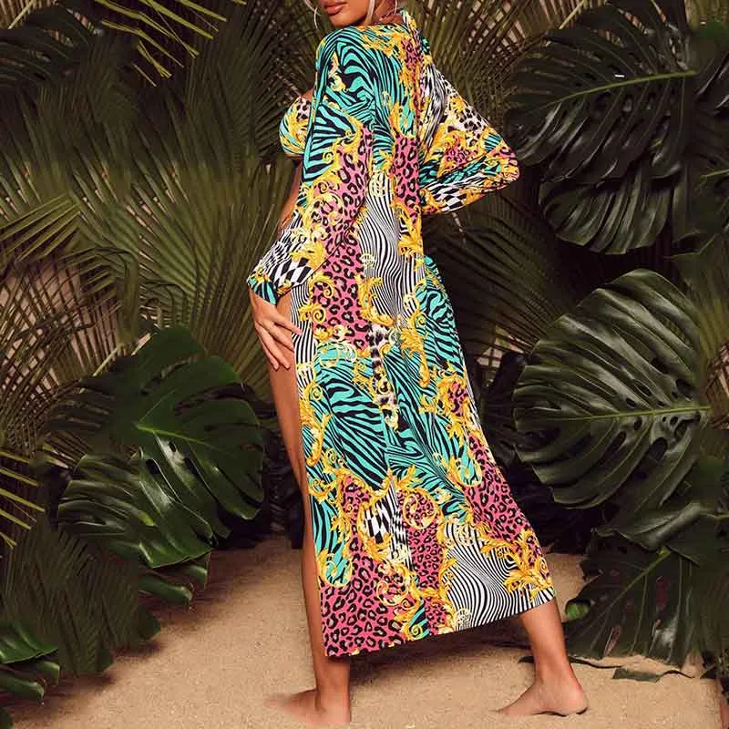 Print Cut Out One Piece Swimsuit & Cover Up Set