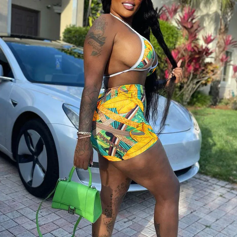 Print Halter 3PCS Shorts Set