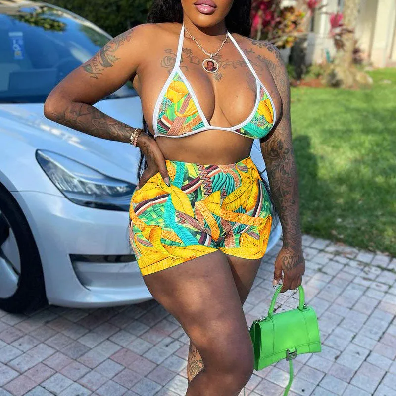 Print Halter 3PCS Shorts Set