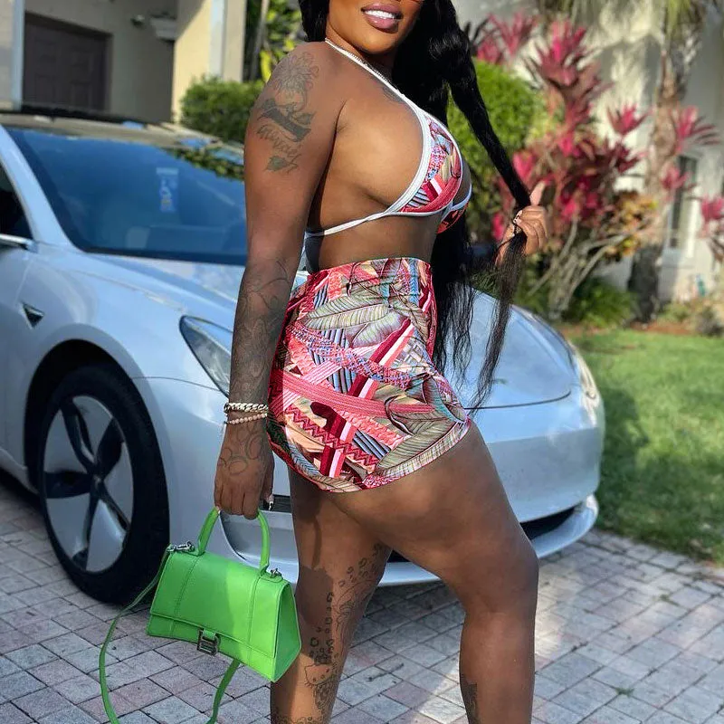 Print Halter 3PCS Shorts Set