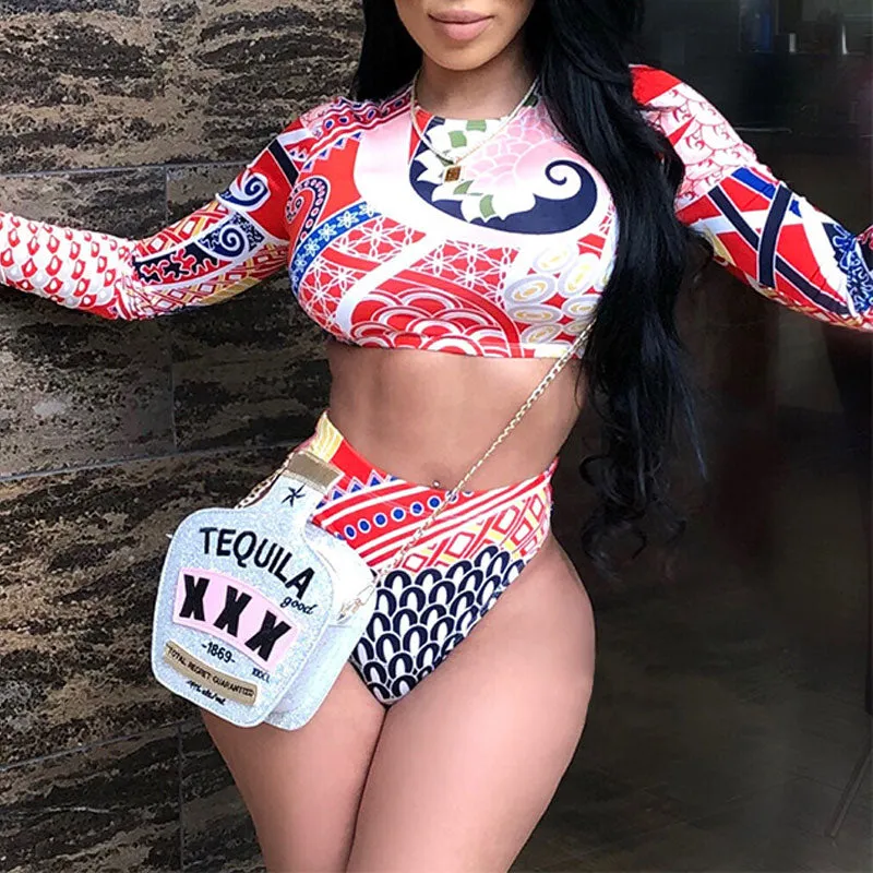 Print Long Sleeve 2PCS Swimsuit Set