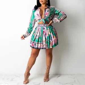 Print Long Sleeve Crop Top & Pleated Skirt Set