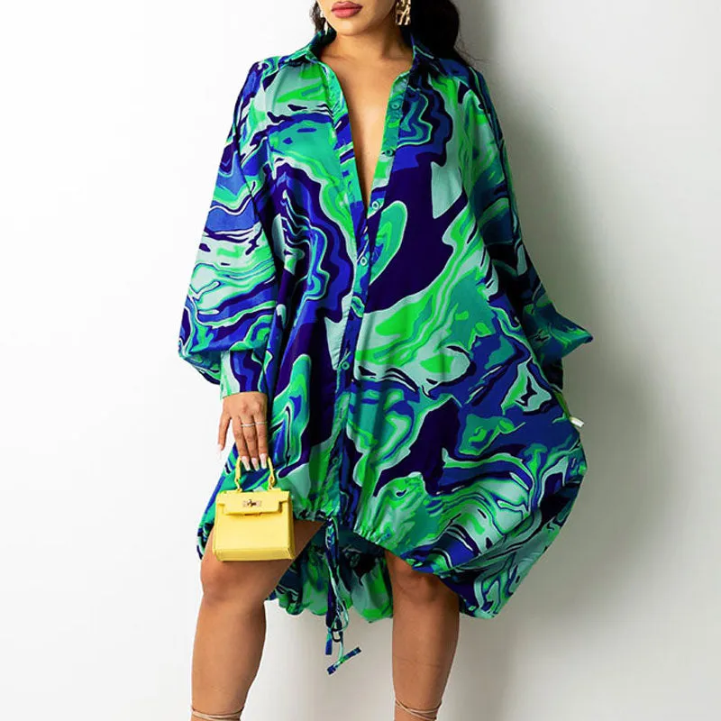Print Long Sleeve Drawstring Casual Dress