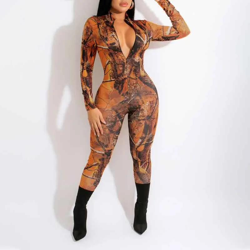 Print Long Sleeve Zipper Design Skinny Jumpsuit