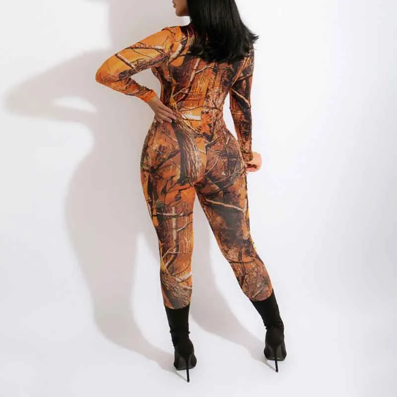 Print Long Sleeve Zipper Design Skinny Jumpsuit