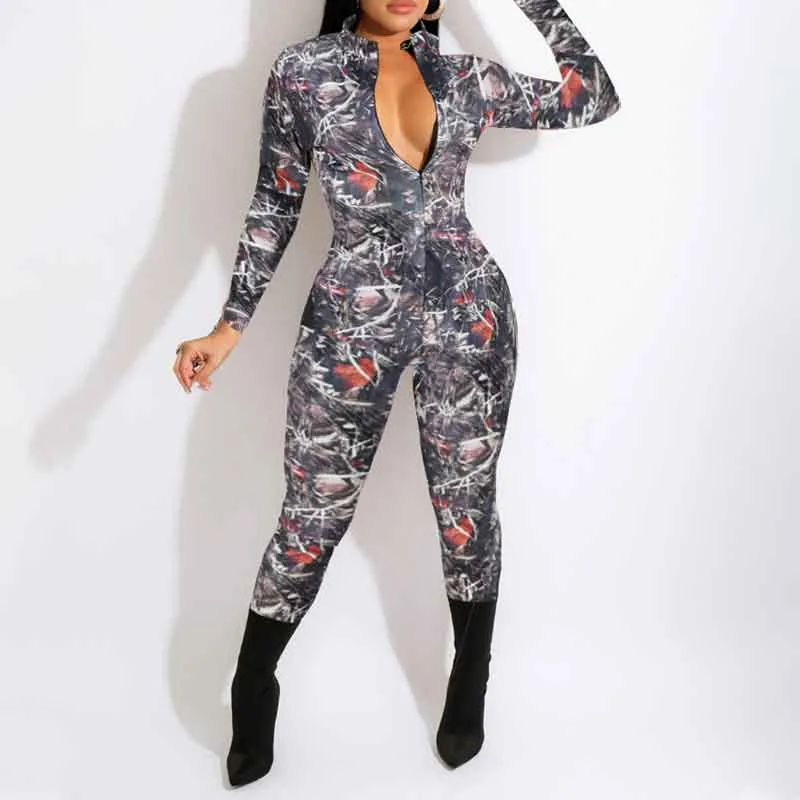 Print Long Sleeve Zipper Design Skinny Jumpsuit