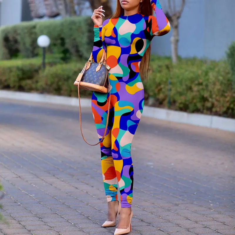 Print Round Neck Zipper Design Skinny Jumpsuit