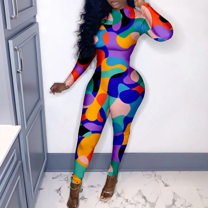 Print Round Neck Zipper Design Skinny Jumpsuit