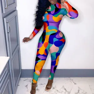 Print Round Neck Zipper Design Skinny Jumpsuit
