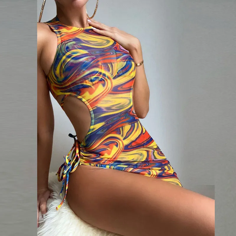 Print Sleeveless 2PCS Bikini Set With Cover Up Dress