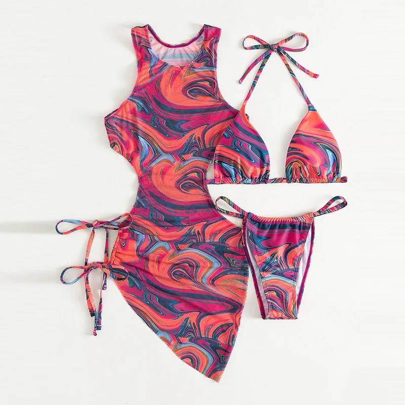 Print Sleeveless 2PCS Bikini Set With Cover Up Dress