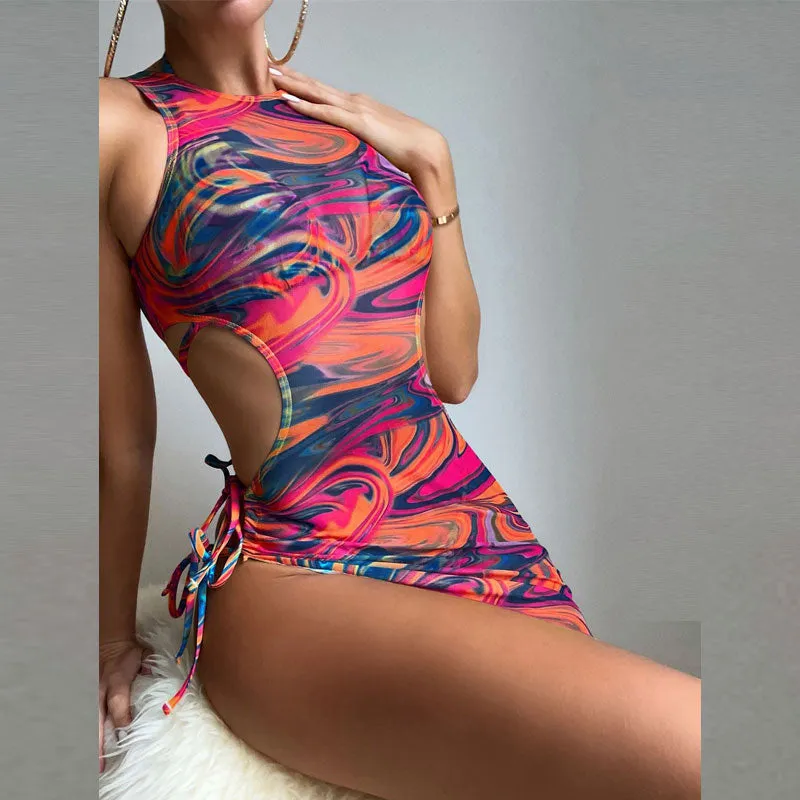 Print Sleeveless 2PCS Bikini Set With Cover Up Dress