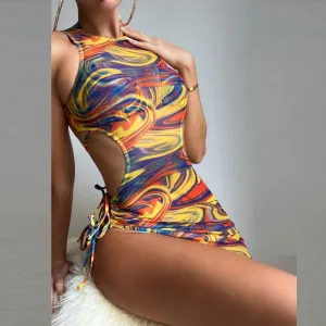 Print Sleeveless 2PCS Bikini Set With Cover Up Dress