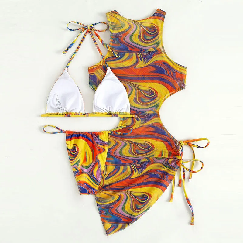 Print Sleeveless 2PCS Bikini Set With Cover Up Dress