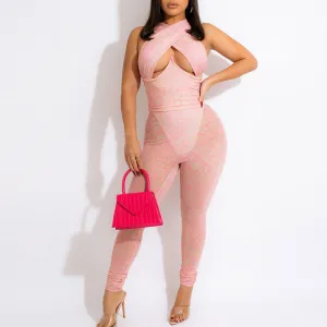 Print Sleeveless Halter Cut Out Jumpsuit