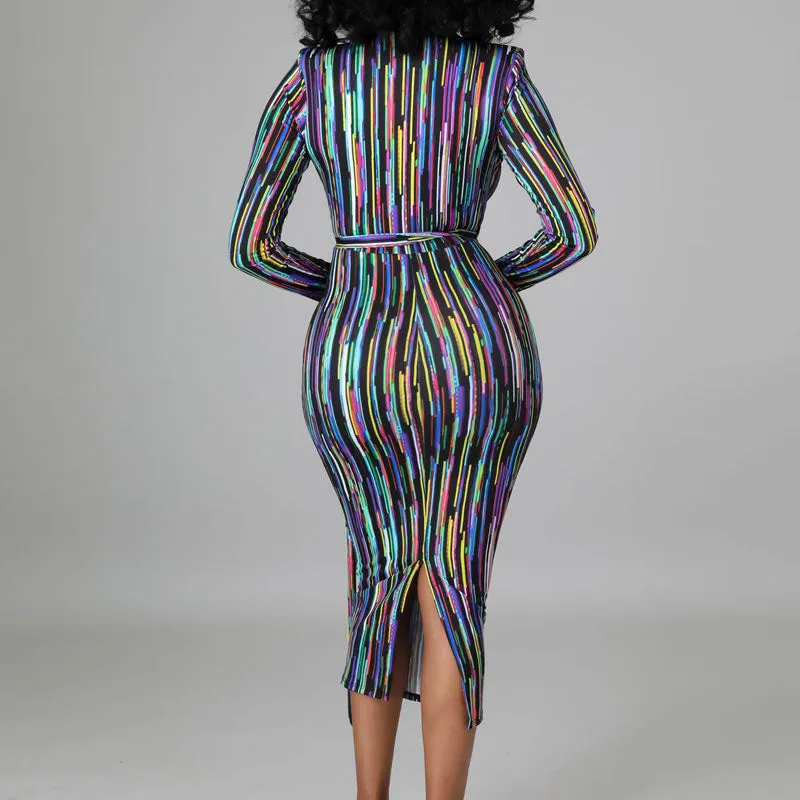 Print V-Neck Long Sleeve Tied Midi Dress