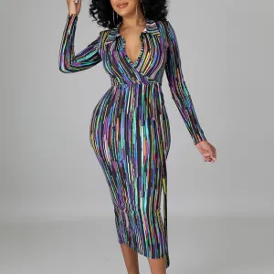 Print V-Neck Long Sleeve Tied Midi Dress