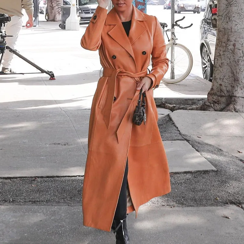 PU Double Breasted Long Sleeve Windbreaker Long Coat With Belt