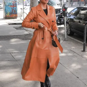 PU Double Breasted Long Sleeve Windbreaker Long Coat With Belt