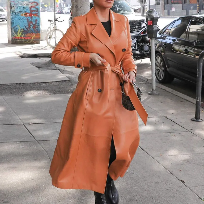 PU Double Breasted Long Sleeve Windbreaker Long Coat With Belt