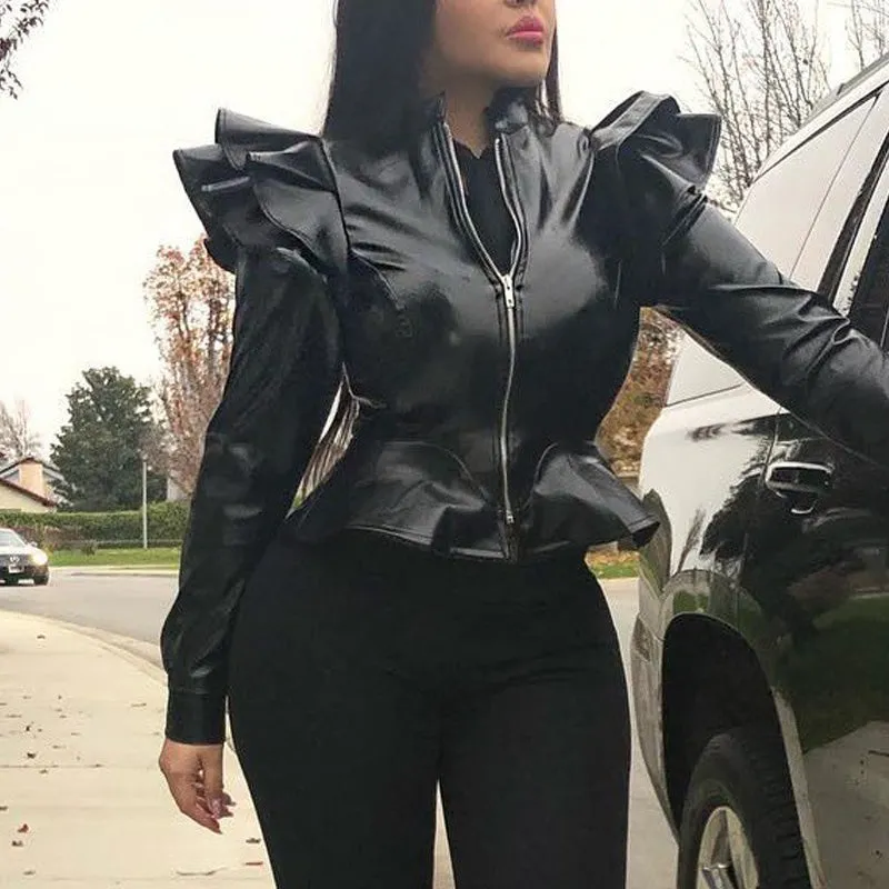 PU Leather Long Ruffle Sleeve Zipper Design Coat Jacket
