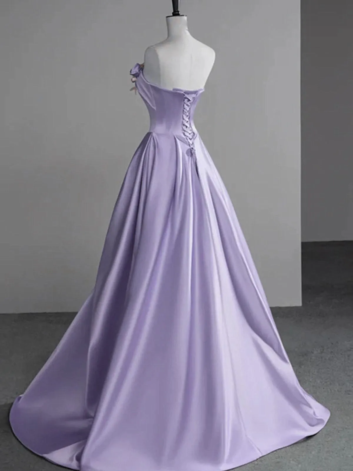 Purple A-line Satin Simple Party Dress Prom Dress, Purple Flowers Evening Dress