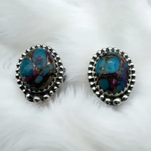 Purple Dahlia Turquoise Solid 925 Sterling Silver Stud Earrings
