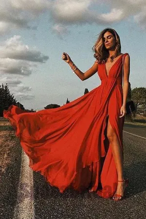 Red Sexy Simple Deep V neck Side Split Chiffon Prom Dress New OK902