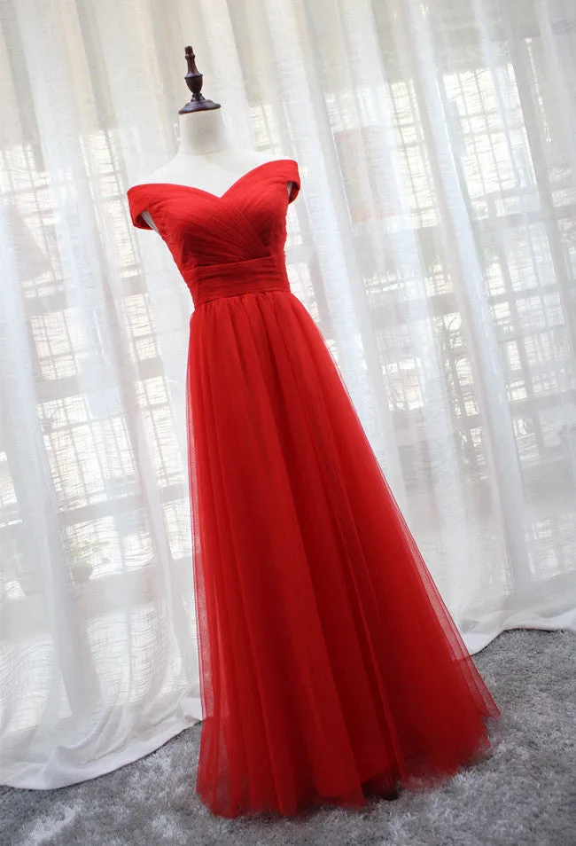 Red Tulle Off Shoulder Simple Bridesmaid Dress , Charming Formal Dress A-line Red Gown