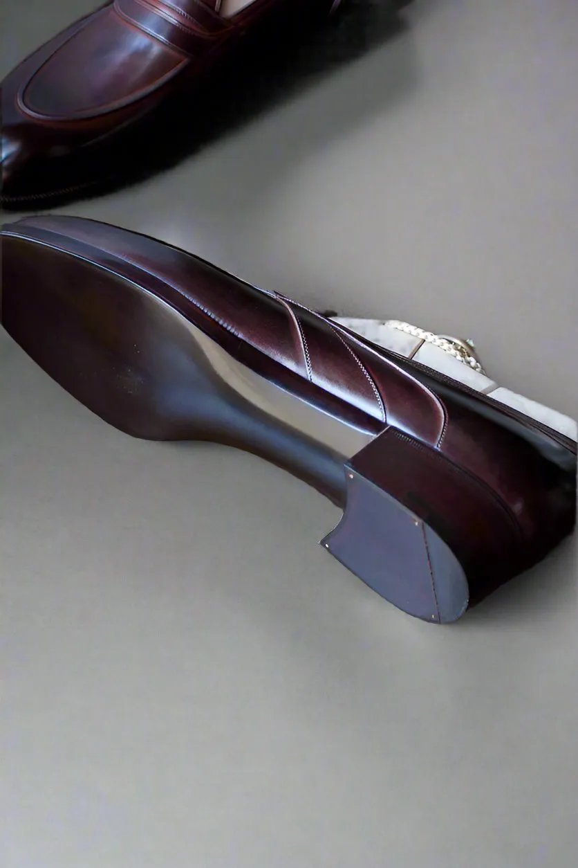 Reddish Brown Leather Slip On Crossed Component Loafers - Loafers