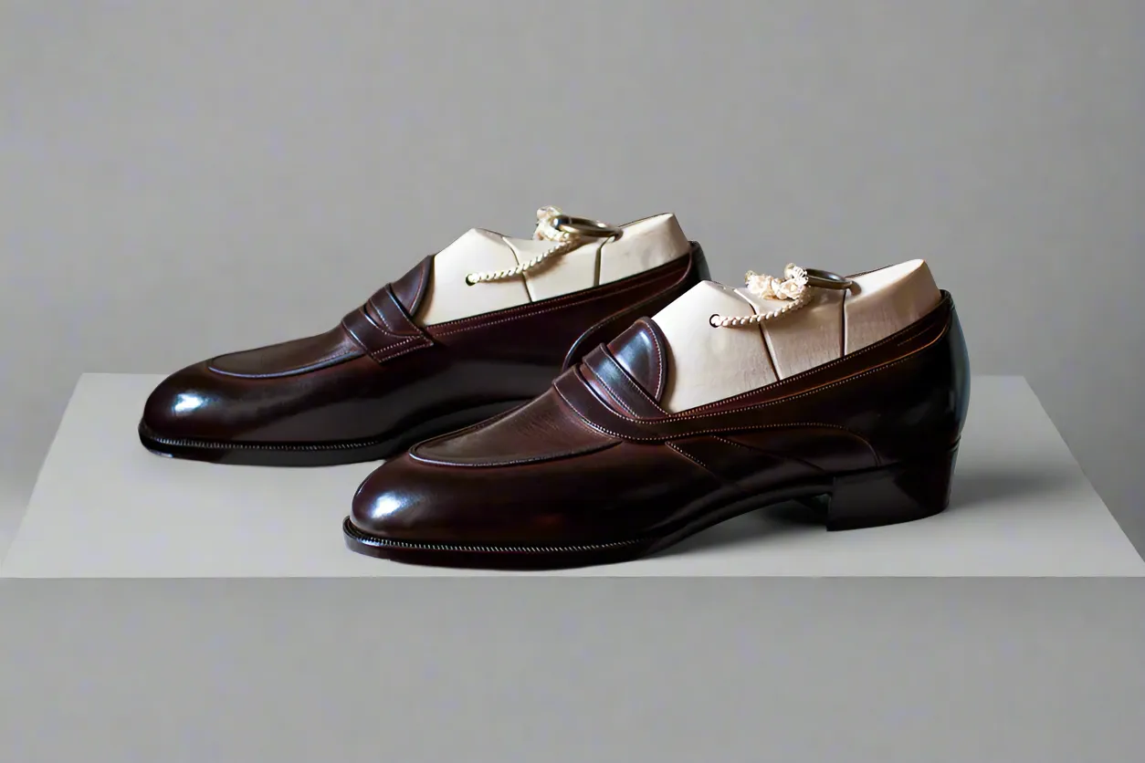 Reddish Brown Leather Slip On Crossed Component Loafers - Loafers