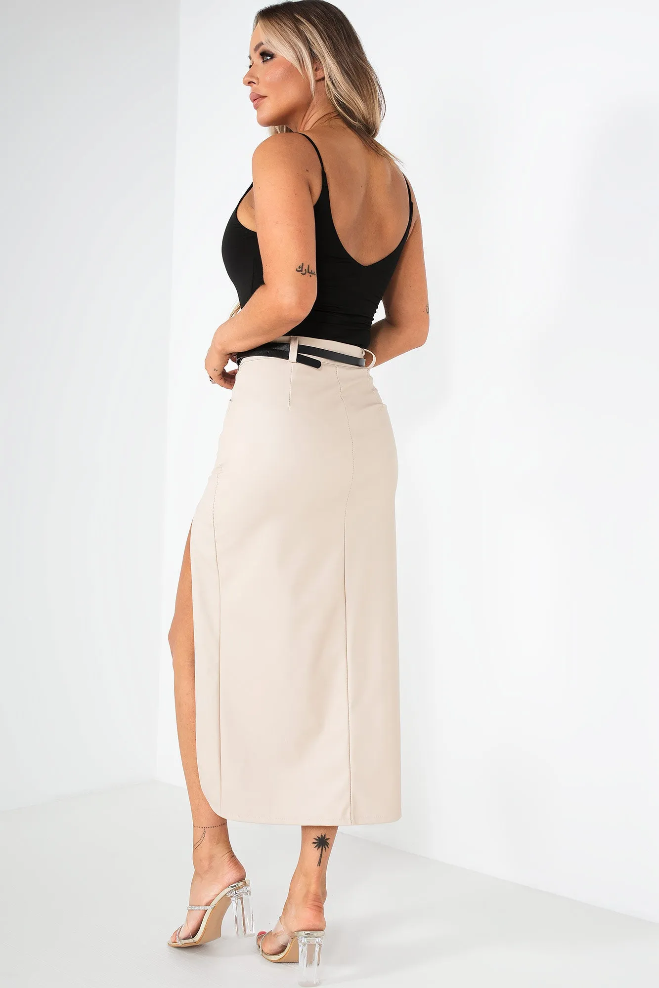 Rexi Cream Faux Leather Midi Skirt