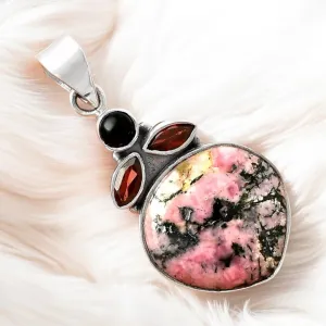 Rhodonite, Onyx & Garnet Solid 925 Sterling Silver Pendant