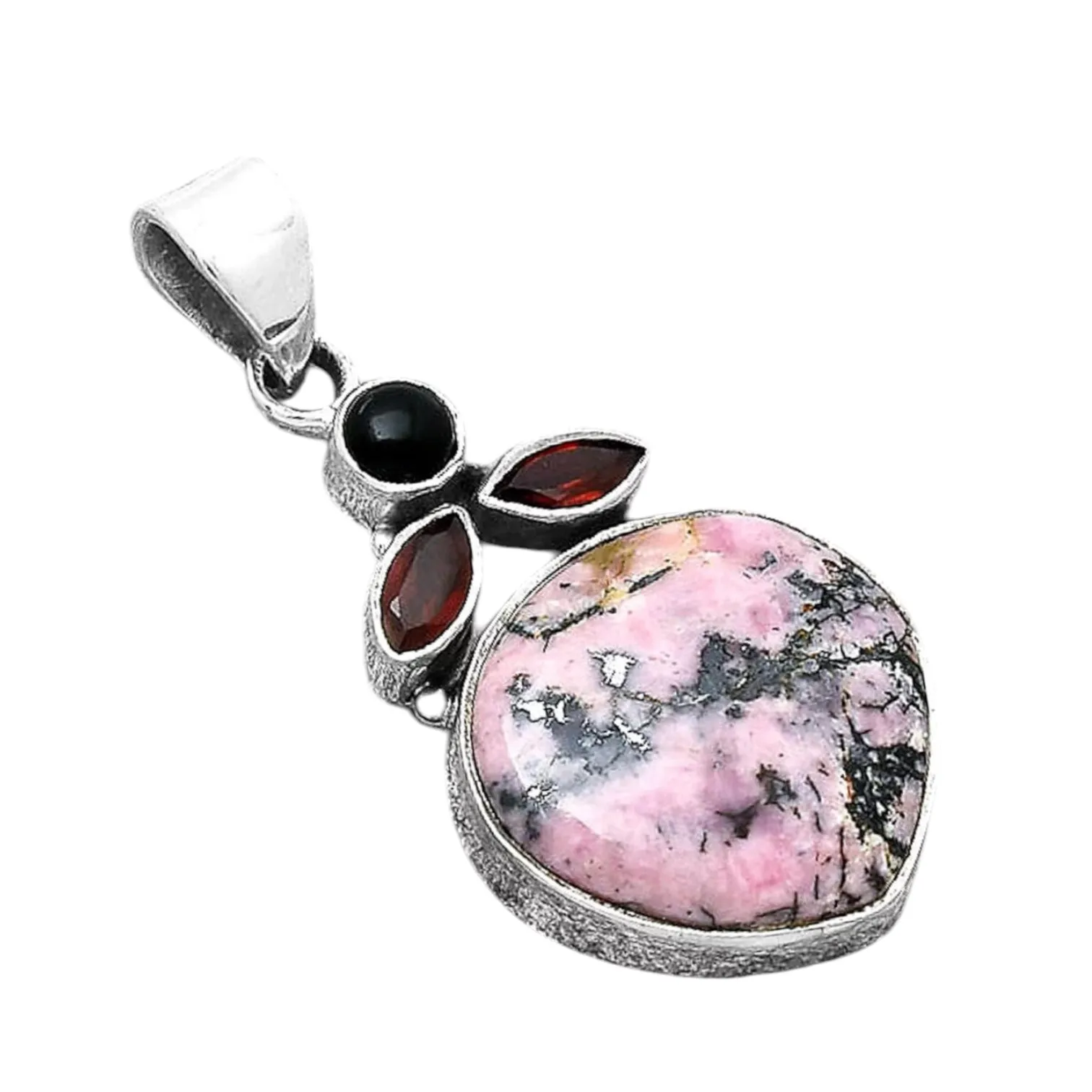 Rhodonite, Onyx & Garnet Solid 925 Sterling Silver Pendant