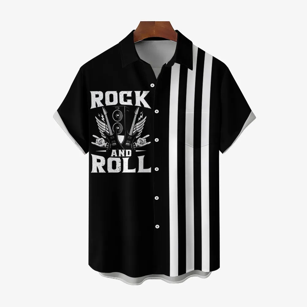 Rock Music Print Bowling Shirt Plus Size Casual Short Sleeve Shirt 2404000705