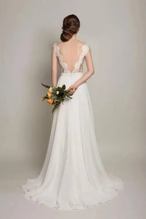 Romantic Scoop Chiffon Open Back Wedding Dresses Short Train Bridal Dress, SW304