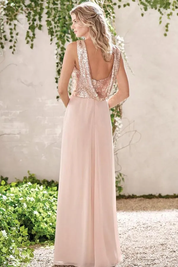 Rose Gold Chiffon A-line Backless Spaghetti Straps Sequins Bridesmaid Dress, BD091