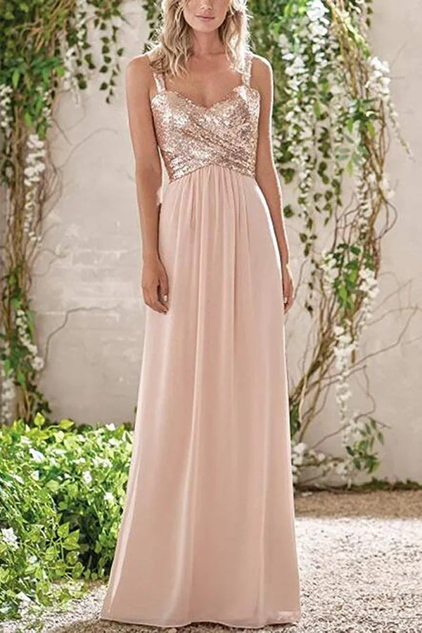 Rose Gold Chiffon A-line Backless Spaghetti Straps Sequins Bridesmaid Dress, BD091
