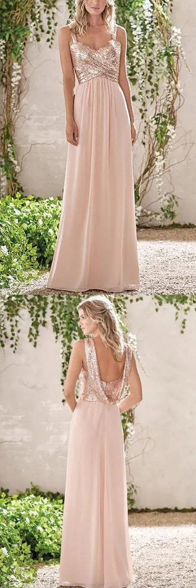 Rose Gold Chiffon A-line Backless Spaghetti Straps Sequins Bridesmaid Dress, BD091