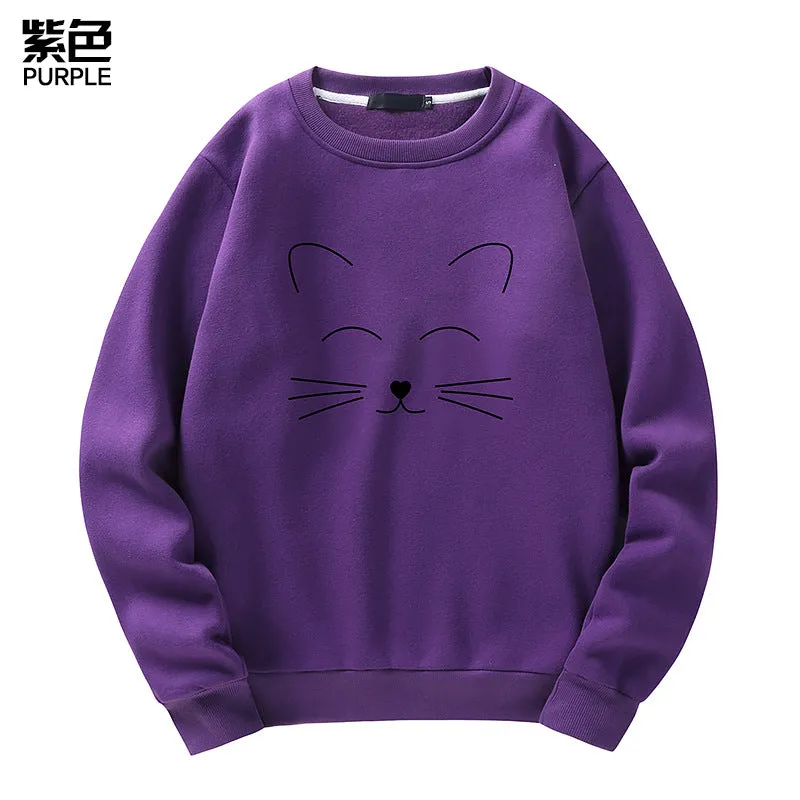 Round Neck Cat Printed Sweater Long Sleeved Sweatshirt