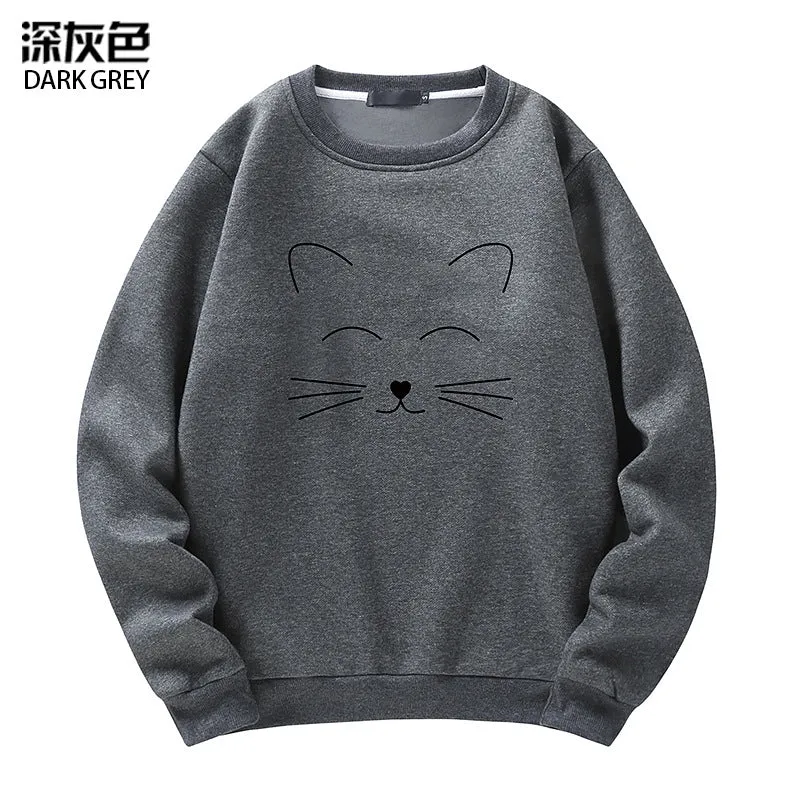 Round Neck Cat Printed Sweater Long Sleeved Sweatshirt