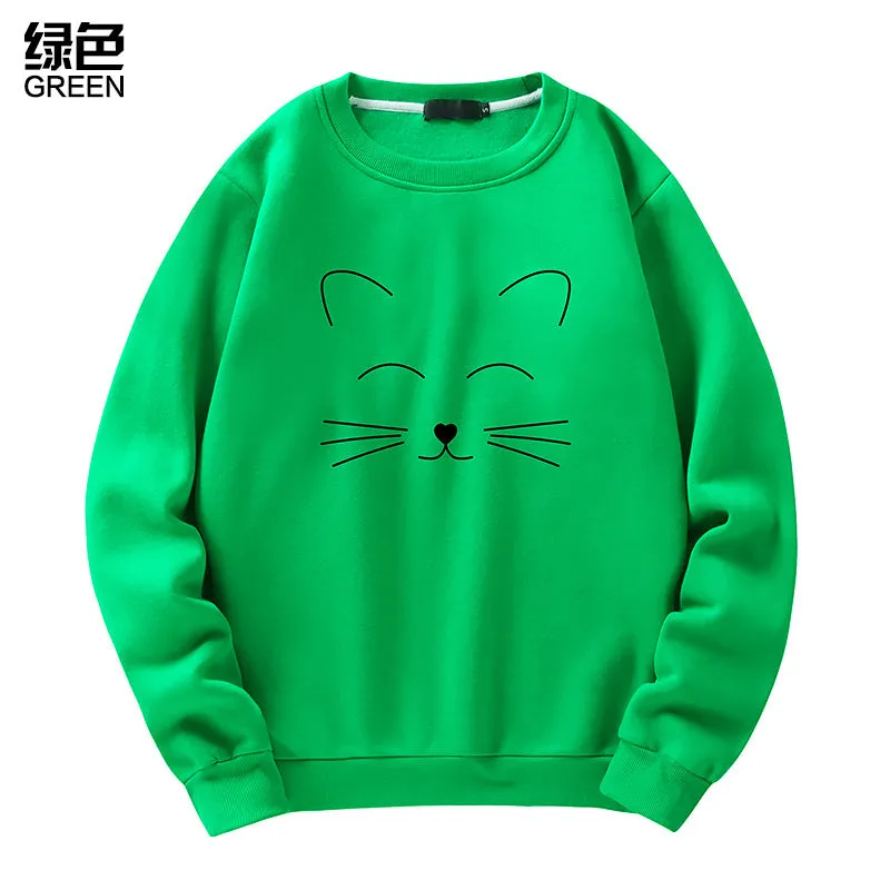 Round Neck Cat Printed Sweater Long Sleeved Sweatshirt