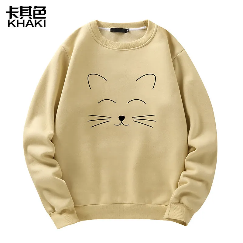 Round Neck Cat Printed Sweater Long Sleeved Sweatshirt