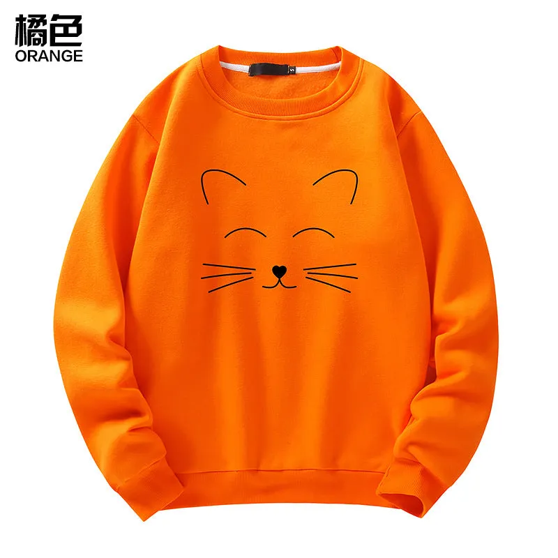 Round Neck Cat Printed Sweater Long Sleeved Sweatshirt