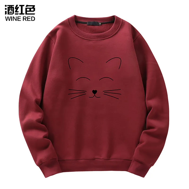 Round Neck Cat Printed Sweater Long Sleeved Sweatshirt