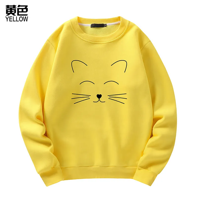 Round Neck Cat Printed Sweater Long Sleeved Sweatshirt