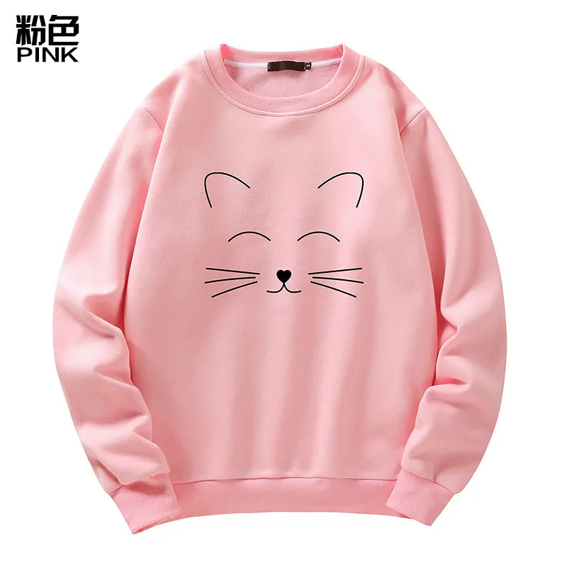Round Neck Cat Printed Sweater Long Sleeved Sweatshirt